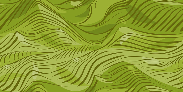 Seamless field relief. Grass repeating pattern with hills. Background in green shades. Endless greenery
