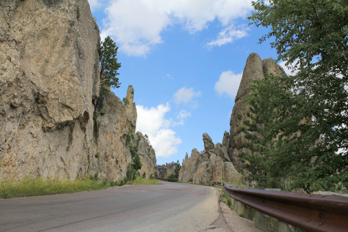 The Needles Highway is one of three scenic routes in Custer State Park near Mount Rushmore in Black Hills area of South Dakota.  The extremely crooked roads are favorites for motorcyclists and sports car drivers.