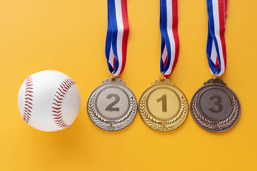 Baseball hardball and gold medal (1st place), silver medal (2nd place), bronze medal (3rd place)