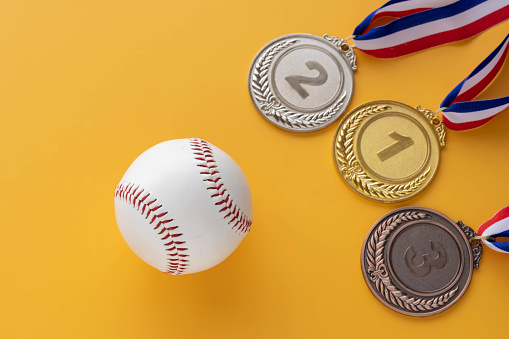 Baseball hardball and gold medal (1st place), silver medal (2nd place), bronze medal (3rd place)