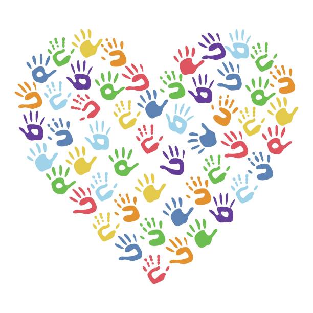 istock Flat vector painting tools in childish style. Hand drawn heart shaped frame of palm prints 1473103872