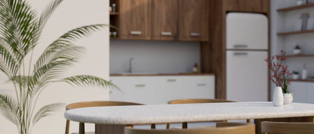 istock Mockup space on minimal dining table in minimal cozy Scandinavian kitchen. 1473104196