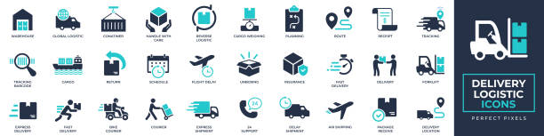 delivery and logistic icons set. containing warehouse, container, courier, delivery, tracking, truck, package and more solid icons collection. vector illustration. for website, marketing materials, design, logo, app, template, ui, interfaces, layouts etc. - nakliye dağıtımı stock illustrations