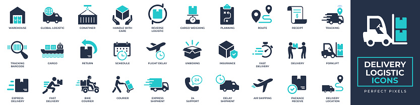 Delivery and logistic icons set. Containing warehouse, container, courier, delivery, tracking, truck, package and more solid icons collection. Vector illustration. For website, marketing materials, design, logo, app, template, ui, interfaces, layouts etc.