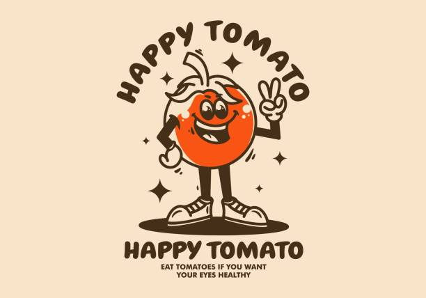 Mascot character of a standing tomato with hands forming a peace symbol Mascot character design of a standing tomato with hands forming a peace symbol tomato face stock illustrations