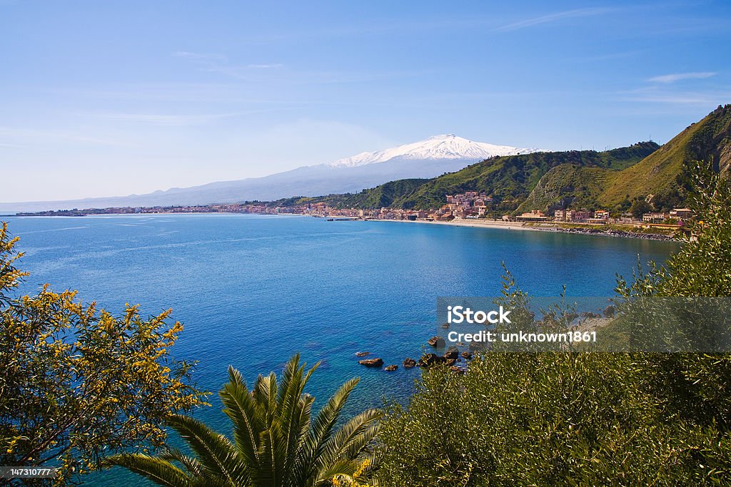 Mount Etna and sea; landscape from Taormina Sicilian seascape from Taormina Blue Stock Photo