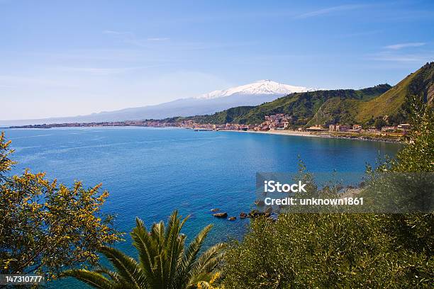 Mount Etna And Sea Landscape From Taormina Stock Photo - Download Image Now - Blue, Border - Frame, Coastline