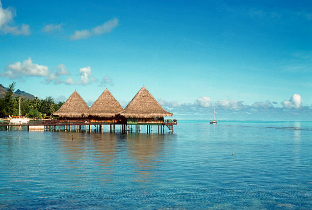 Huts on stilts, South Pacific Huts sitting on the water somewhere in the South Pacific. Calm sea, beautiful day in paradise. hearkencreative stock pictures, royalty-free photos & images