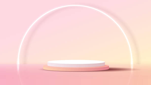 istock Display podium or stand with yellow and pink gradient for product presentation in pastel colors room. minimal style ideal for presentation product platform, advertisement, package showing. vector. 1473110250
