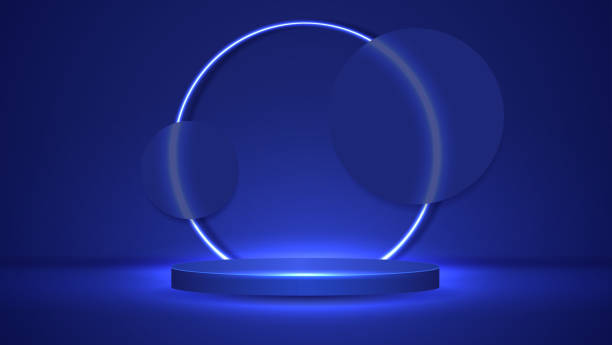 istock Podium or stand with line gradient neon in Sci-fi. abstract scene with pink and blue neon frame. vector rendering product display. futuristic minimal scene. vector design. 1473110389