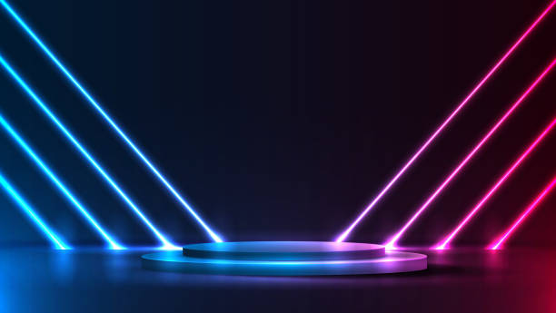 istock Podium or stand with line gradient neon in Sci-fi. abstract scene with pink and blue neon frame. vector rendering product display. futuristic minimal scene. vector design. 1473110437