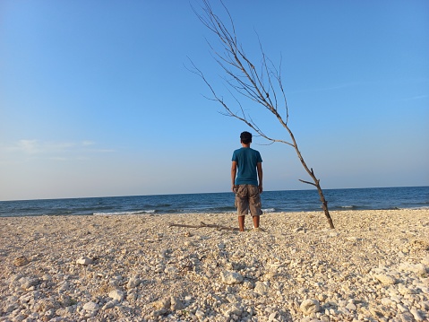 Conceptual man sitting alone in the beach with dry up tree plants only stems. Sunset white sand beach at Tuban, East Java, Indonesia