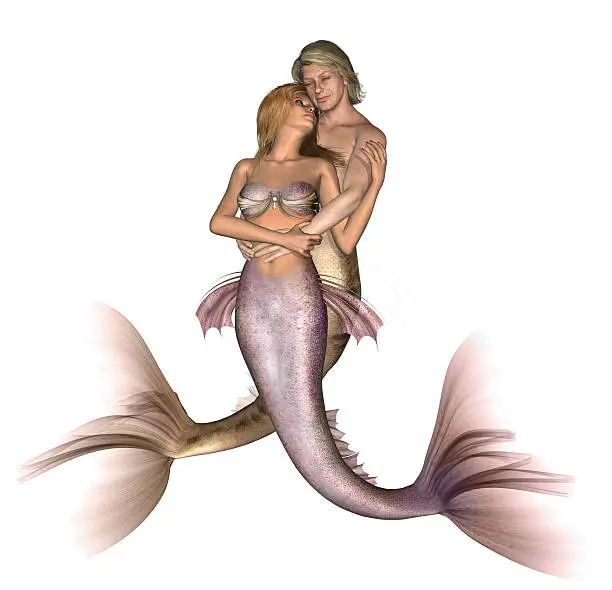 Love under the sea - a mermaid and merman embracing - 3D render.