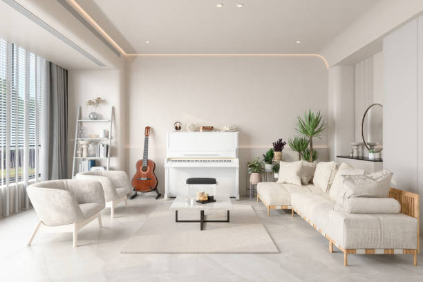 modern living room interior with piano, guitar, corner sofa, coffee table, armchairs and potted plants - piano interior imagens e fotografias de stock