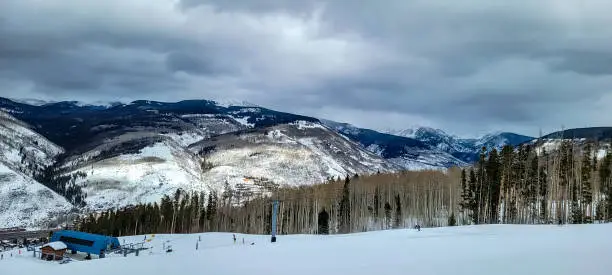 Skiers enjoying a beautiful day on Vail Mountain, Vail, Colorado, Views of Vail Mountain from the Ski Slopes