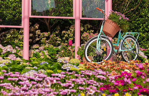 bicycle in flower lane. street or garden decoration idea
