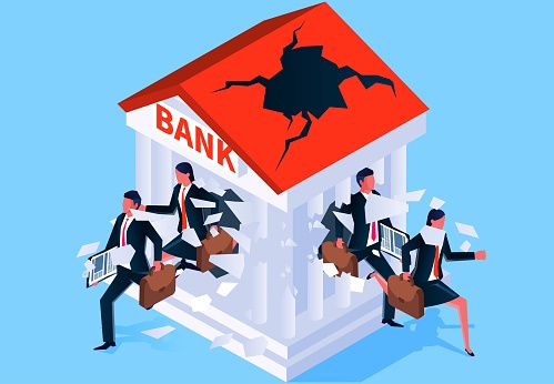 Banking finance and savings crisis, financial investment and loan risks, etc. isometric businessmen running from inside the destroyed banks