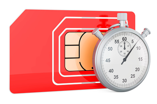 Sim card with stopwatch, 3D rendering isolated on white background