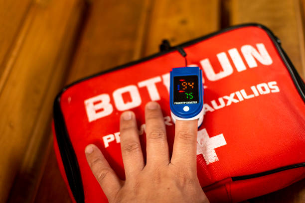 istock Male hand with smart band using pulse oximeter on top of first aid kit 1473116701