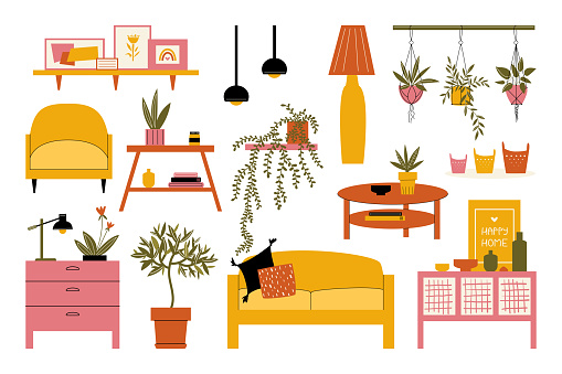 Furniture collection. Modern interior items for living room. Vector flat illustration