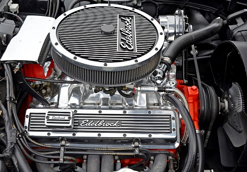 Hamilton, Canada - August 15, 2011: Close-up of a high performance Edelbrock car engine