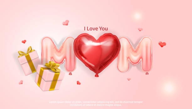 Banner with words I love you mom, pink background, MOM balloons and gift I love you mom banner with MOM made of balloons and pink gift i love you mom stock illustrations