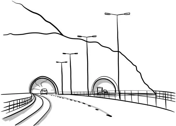 Vector illustration of Tunnel Roads Through mountain Sketch landscape