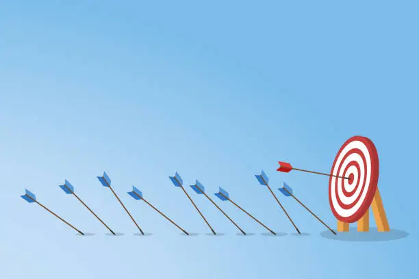 Vector illustration of Blue arrows missed hitting target and only red one hits the center. Business challenge failure and success concept.