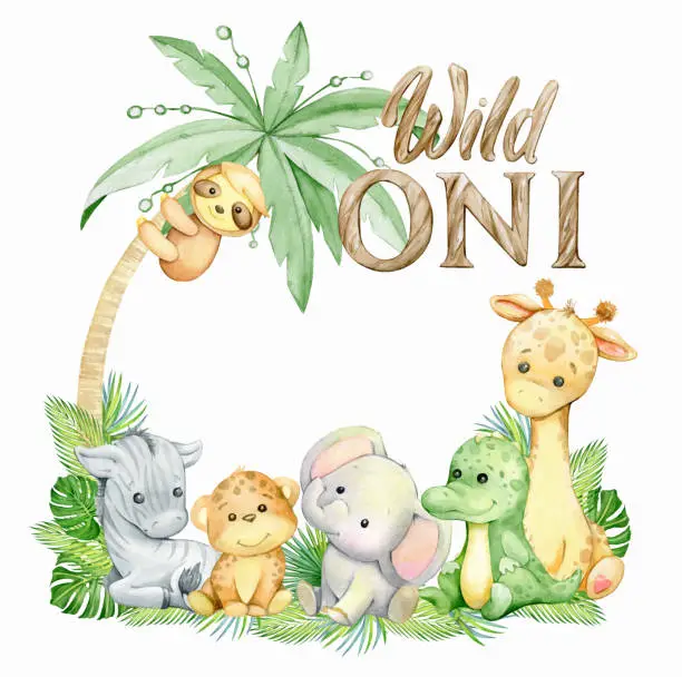 Vector illustration of sloth, giraffe, elephant, leopard, alligator, zebra, tex, wild one. Watercolor clipart, in cartoon style, on an isolated background.