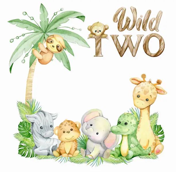 Vector illustration of sloth, giraffe, elephant, leopard, alligator, zebra, tex, wild two. Watercolor clipart, in cartoon style, on an isolated background.