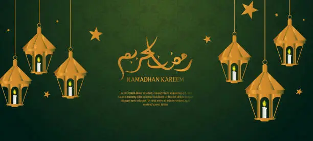 Vector illustration of Islamic mosque with moon, stars, lanterns and clouds at night. Ramadan kareem greeting banner template vector with gold and green colours