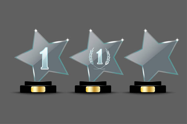 istock Glass prizes on a stand. Award background. Glass prizes in different shapes. Vector illustration. 1473124182
