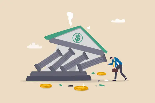 Vector illustration of Banking collapse or bank run, financial crisis or bankruptcy problem, stock market crash or credit risk, failure or investment failure concept, frustrated businessman look at collapsing bank building.