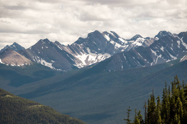Beautiful mountain landscape on a sunny day - mountain peaks, sun rays and coniferous forest in Banff Provincial Park, Rocky Mountains, Alberta, Canada