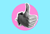 Digital collage modern art. Hand show thumb up hand sign