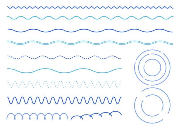 illustrations, cliparts, dessins animés et icônes de ensemble d’illustrations de lignes et de lignes décoratives simples bleues (lignes ondulées, motifs de vagues, lignes pointillées, ondulations) - ligne sinueuse