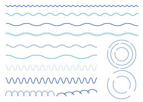 Illustration set of blue simple decorative ruled lines and lines (wavy lines, wave patterns, dotted lines, ripples) digital illustration ruled stock illustrations