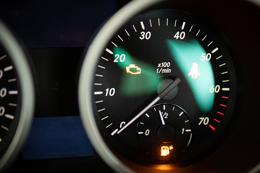 close up of speedometer in modern car, close-up