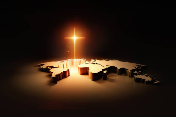 светящийся крест, евангелие, миссии, евангелизация и фон карты мира - easter praying cross cross shape стоковые фото и изображения