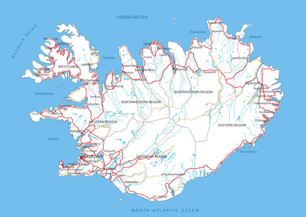 hochdetaillierte island straßenkarte mit beschriftung. - island stock-grafiken, -clipart, -cartoons und -symbole