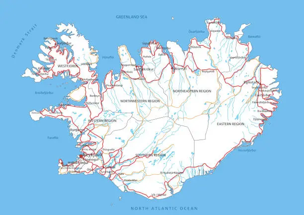 Vector illustration of High detailed Iceland road map with labeling.