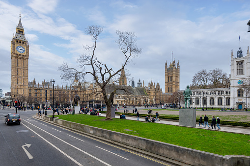 London, UK - March 12, 2023: Buildings of Parliament with Big Ban tower in London.