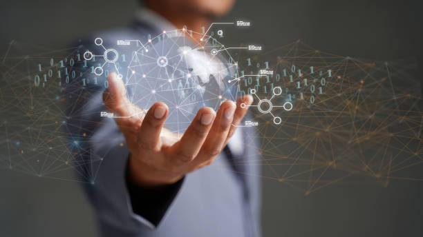 istock Blockchain technology and blockchain network business banner ideas Global cryptocurrency blockchain title. Blockchain title side view with 0's and 1's flying on top. image of investors 1473133841