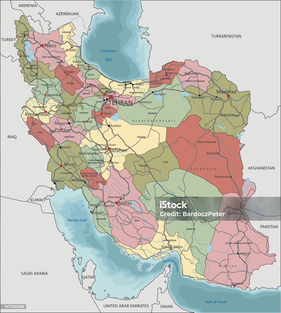 Iran Map Only Iran Highly Detailed Editable Political Map With Labeling Stock ...