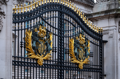 Doha, Qatar - February 10, 2023:The Royal Seal. Close up of gate at Buckingham Palace London.