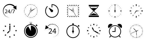 Clock icon. Collection of different clocks. Watch, time icon, symbol. Black and white design. Vector illustration vector art illustration