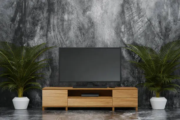 Modern wood tv cabinet in loft style living room empty wall, interior mockup design minimal, 3D rendering.