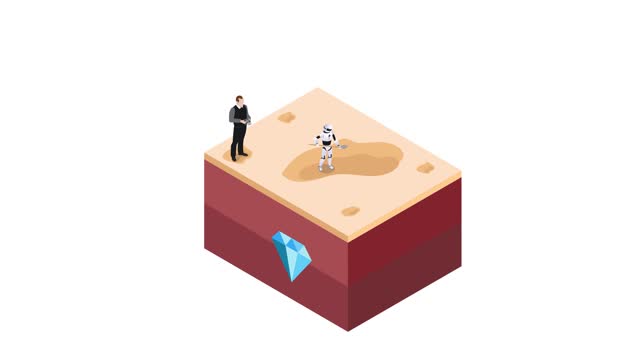 Businessman controlling a robot to mine a diamond on the dirt