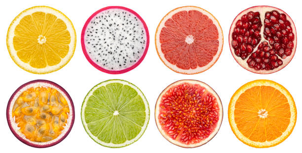 istock Fruit slices collection isolated on white background, flat lay 1473139936