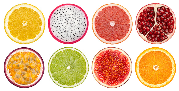 Fruit slices collection isolated on white background, orange, passion fruit, dragon fruit, lemon, lime, pomegranate, grapefruit, flat lay